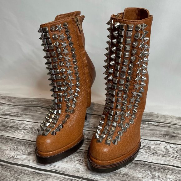 Jeffrey Campbell Handmade Leather Spike Stiletto Booties Warm Cognac Brown 6 - Picture 3 of 12